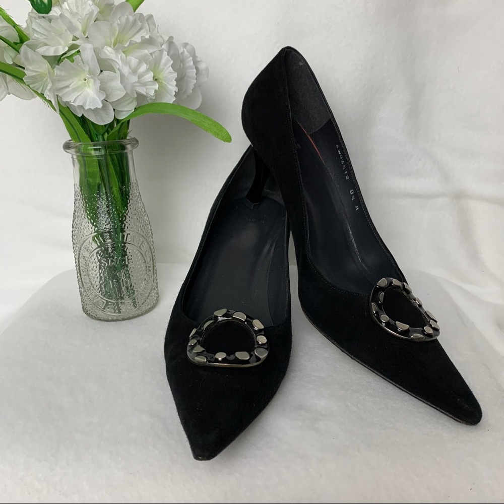 Stuart Weitzman Black Pointed Suede Heels with Silver Accent Buckle 7.5M